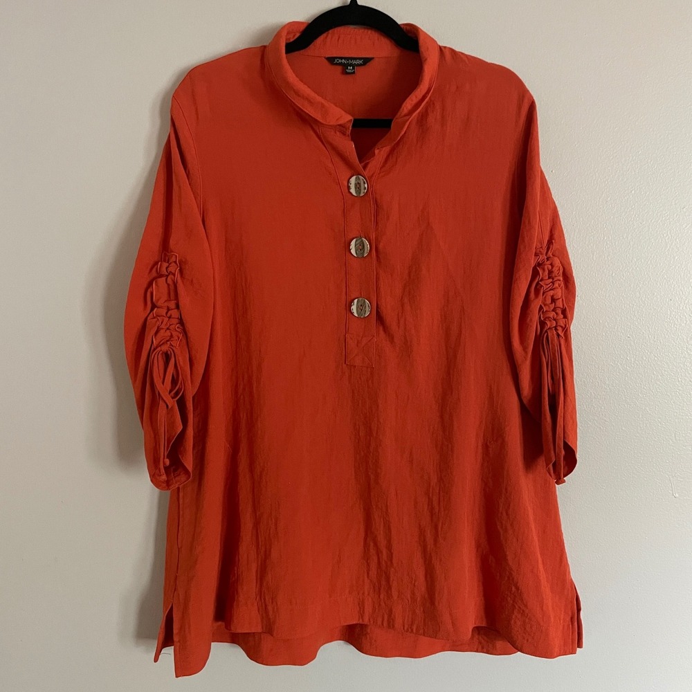 John Mark Tunic Top Womens Medium Orange Ruched Sleeve Lagenlook Boho Chic
